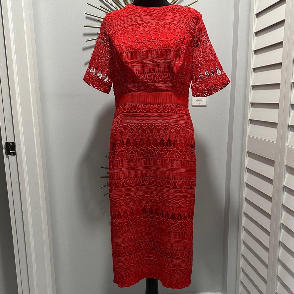 eva mendes for New York & Company Red Crochet Lace Midi Dress